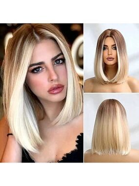 𝅺🆕 Stunning Bob Dark Platinum Blonde Ombre Wig Synthetic Lace SEXY NWT 👀😘